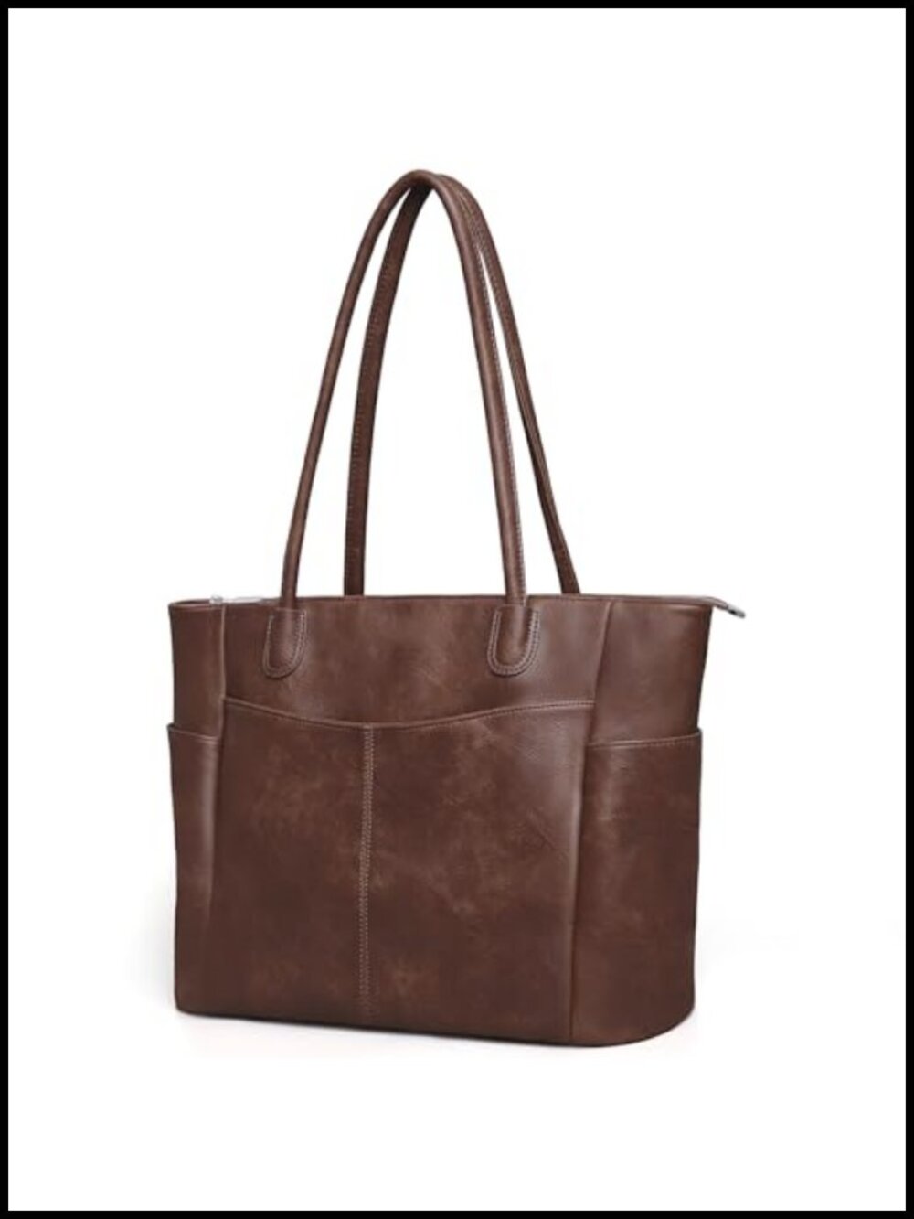 Large Vegan Leather Tote Bag with Zipper, Multi-Pocket Work Purse, 23L